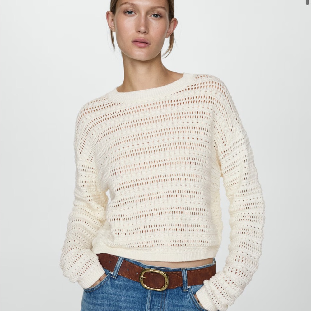 Mango Cream Openwork Crew Neck Sweater